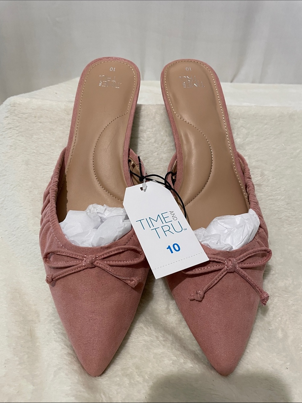 Time and Tru Dusty Rose Bow Pointed-Toe Mules